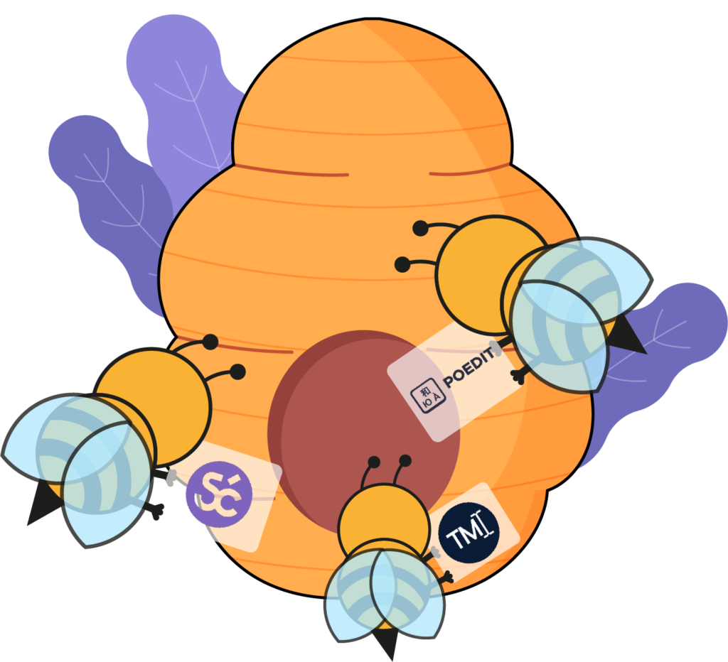 Abeilles Learny Bloom présentant les outils PoEdit, SmartCat et TextMaster pour la traduction Rise 360