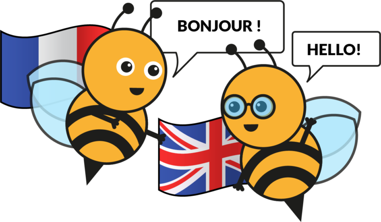 Deux abeilles Learny Bloom illustrant la traduction Rise 360 de modules e-learning français et anglais