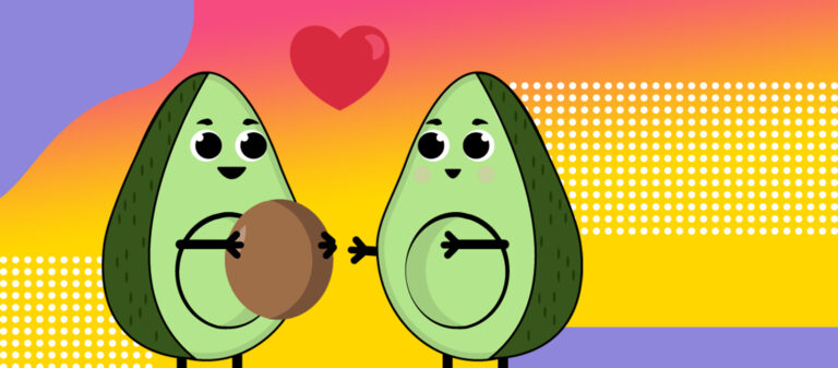 Illustration de deux personnages avocats partageant un noyau sous un cœur rouge, symbolisant le lien social et l'entraide entre apprenants en e-learning.