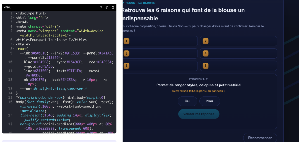 Capture d'écran divisée en deux montrant, à gauche, un éditeur de code HTML et CSS, et à droite, son rendu visuel : une activité interactive e-learning sous forme de quiz demandant d'identifier les avantages d'une blouse de travail.