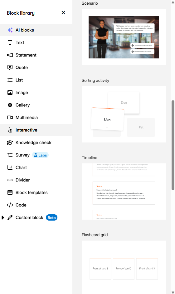 Capture d'écran de la bibliothèque de blocs d'un outil de création e-learning, montrant la catégorie "Interactif" sélectionnée avec des aperçus des blocs Scénario, Activité de tri, Chronologie et Grille de cartes mémoire.