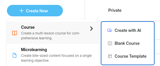 Capture d'écran de l'interface d'une plateforme d'apprentissage en ligne (e-learning) montrant un menu pour créer un nouveau cours avec des options telles que 'Créer avec l'IA', 'Cours vierge' et 'Modèle de cours'.