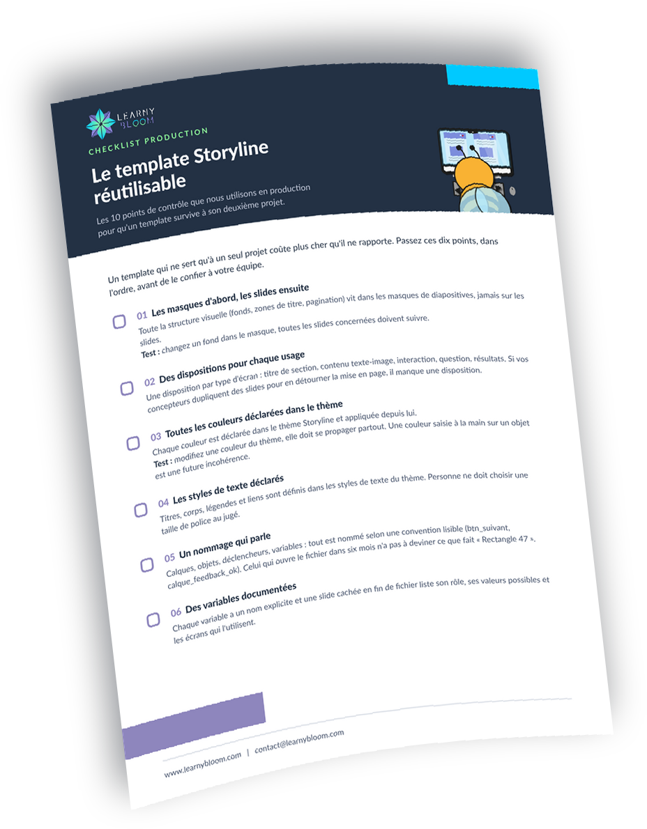 Checklist du template Storyline réutilisable, aperçu du PDF Learny Bloom