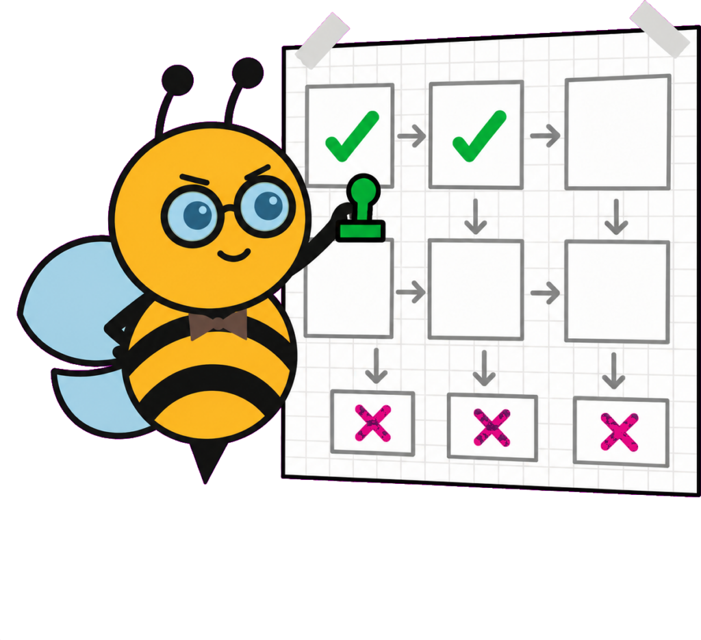 Abeille Learny Bloom devant un storyboard, qui choisit les blocs à standardiser dans son template Storyline