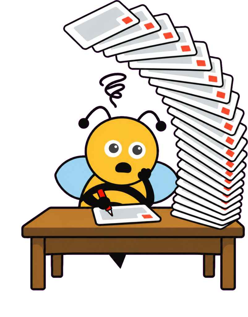 Abeille Learny Bloom débordée par une pile de diapositives à corriger une par une, faute de template Storyline paramétré