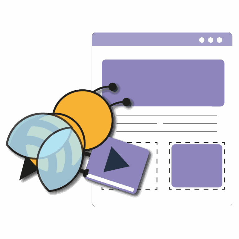 Mascotte Learny Bloom qui observe un ecran e-learning a la loupe