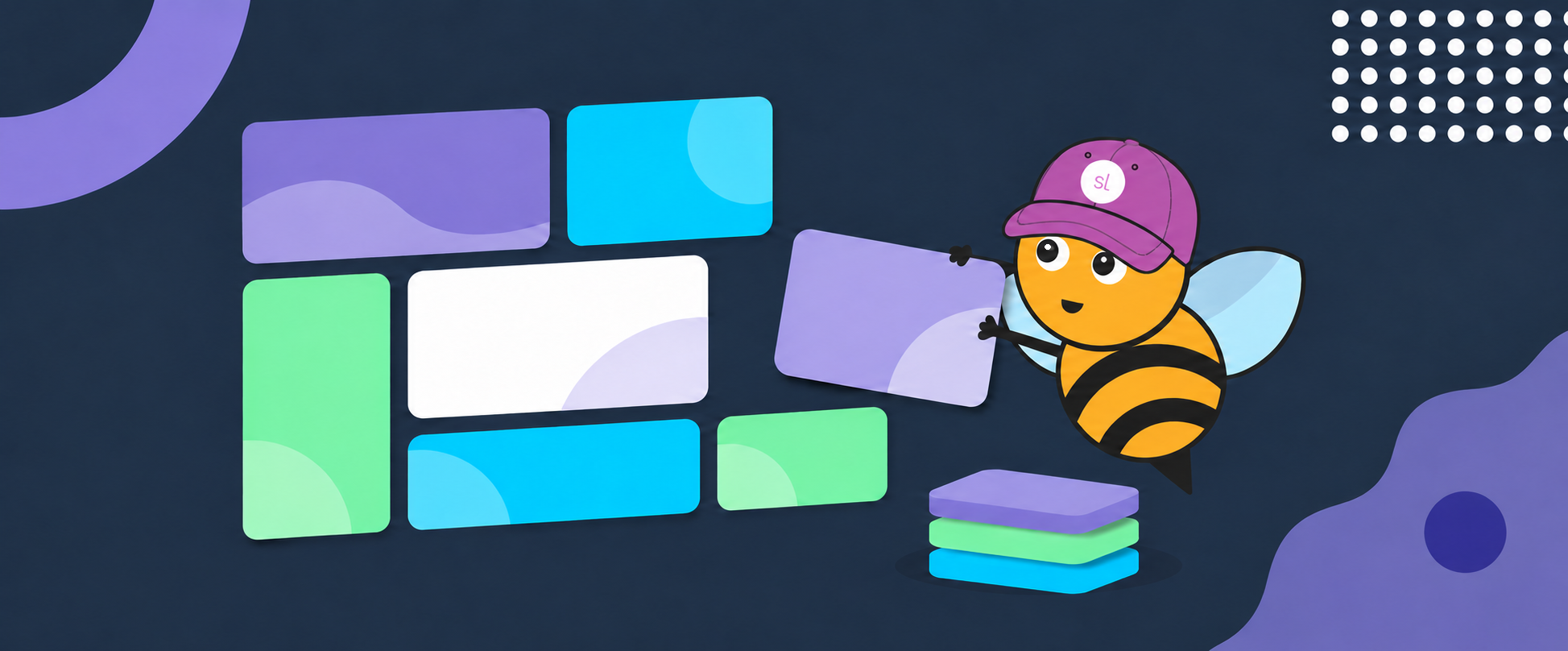 Abeille Learny Bloom assemblant une bibliothèque de blocs modulaires pour un template Storyline