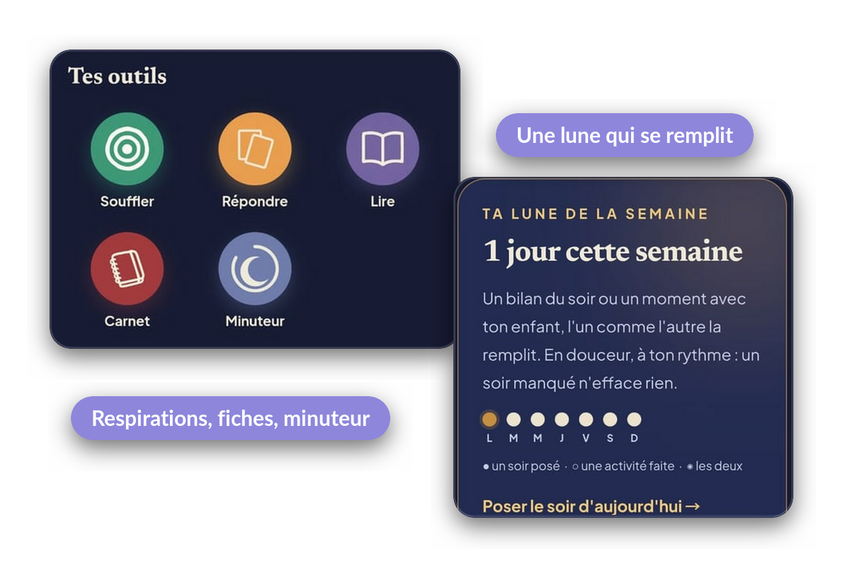Application sur mesure Stelune : outils du soir et lune de la semaine, sans tableau de bord