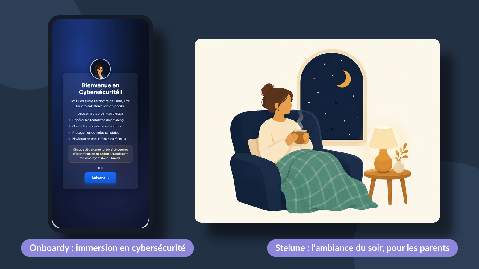 Application e-learning sur mesure : l'univers cybersécurité d'Onboardy et l'ambiance du soir de Stelune